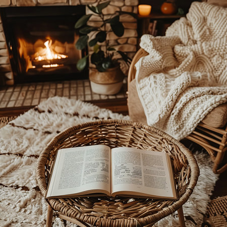 Cozy Autumn Still Life Scene, Open Book on Wicker Table Near Fireplace with Warm Blanketsの素材