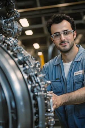 Skilled Engineer In Safety Glasses Examining A Powerful Aircraft Engine In A Modern Factory.の素材