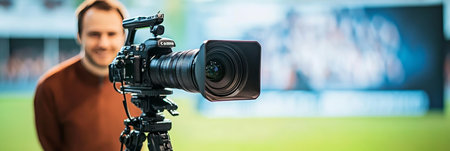 Male Videographer Focused Using Professional Cinema Camera on a Blurred Green Field Backgroundの素材