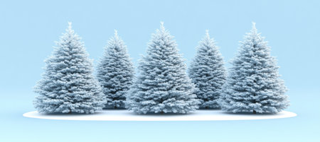 Five Snowy Fir Trees on Blue Background, Winter Wonderland Scene. 3D Rendering, Christmas Conceptの素材