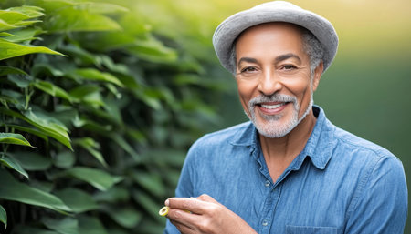 Smiling Senior Man in Garden, Enjoying Retirement, Healthy Lifestyle, Outdoor Portraitの素材