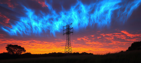 Vivid Sunset with Blue Energy Lines Converging on a Silhouette of a High Voltage Power Line Towerの素材