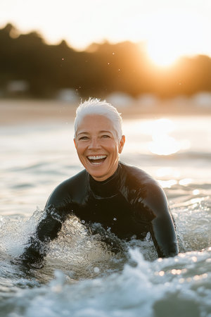 Radiant Senior Woman Enjoys a Sunset Swim in the Ocean, Sporting a Wetsuit and a Beaming Smileの素材