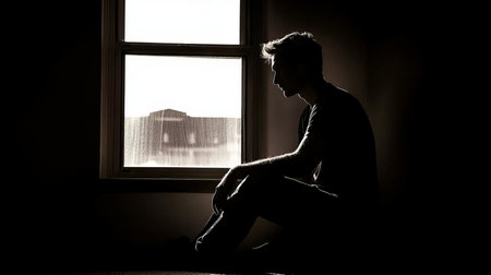 Solitude and despair silhouette of a lonely, depressed man reflecting in a dark room near window.の素材