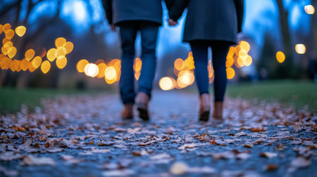 Autumn Evening Stroll, Couple Walking Through Park Covered in Fallen Leaves, Romantic Bokeh Lightsの素材