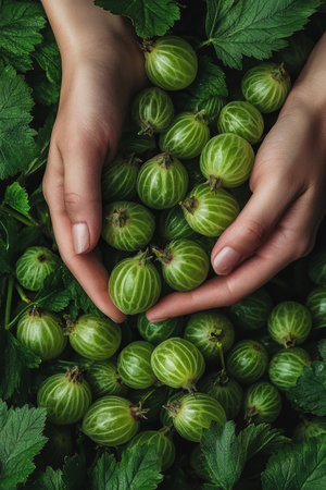 Hands Cupping Freshly Picked Green Gooseberries, Summer Harvest Abundance, Garden Freshの素材