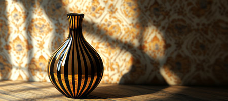 Black and Gold Striped Vase on Wooden Table, Elegant Decorative Piece for Stylish Interiors.の素材