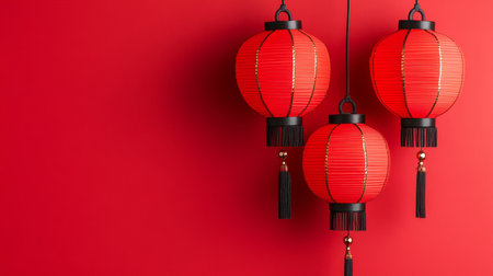 Three Vibrant Red Chinese Lanterns Against a Red Backdrop, Festive Decoration for Chinese New Yearの素材