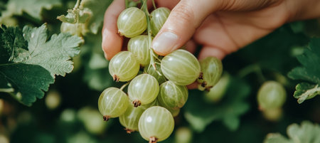 Close-up Of Hand Gently Harvesting A Cluster Of Ripe Green Gooseberries, Summer Garden.の素材