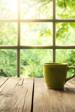 Steaming Green Mug on Rustic Table, Bathed in Warm Morning Sunlight Through a Windowの素材