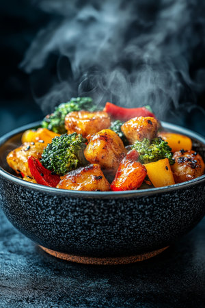 Steaming hot, colorful stir fry vegetables with shrimp in a modern bowl, on a dark background.の素材