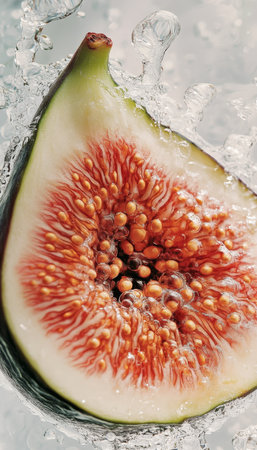 Close-Up, Juicy Fig With Seeds, Cross Section On White Marble Background, Macro Photography.の素材