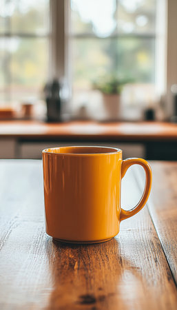 Cozy Morning Routine Yellow Coffee Cup on Rustic Wooden Table, Blurred Kitchen Backgroundの素材