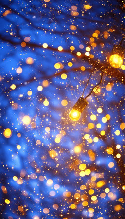 Golden Christmas Lights On Blue Abstract Background Or Texture., Bokeh Of Festive Lightsの素材