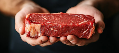 Man Holds Up Choice Cut. Succulent Raw Steak Ready for Grilling. BBQ Season Food Trend Photographyの素材