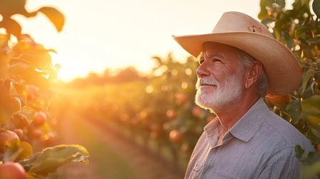 Golden Hour Farmer A seasoned farmer finds peace amidst his thriving orchard at sunset.の素材