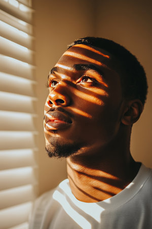 Young Black Man, Sunlit Shadows, and the Look of Contemplation, Urban Portrait Photographyの素材