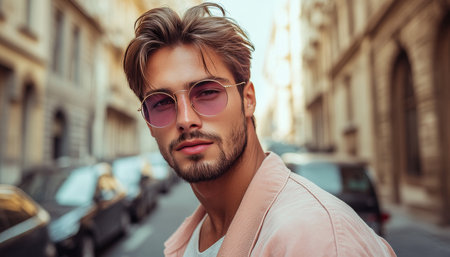 Handsome Man in City Stylish Male with Trendy Glasses and Pink Shirt, Urban Fashion.の素材