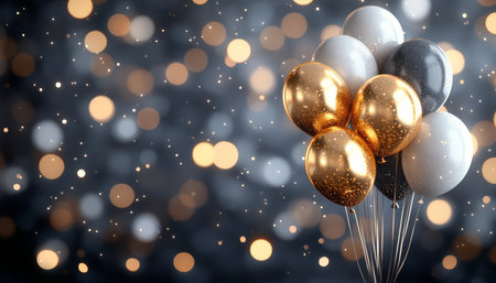 Gold, White And Charcoal Balloons On Bokeh Background For Festive, Celebration, Birthday Backgroundの素材