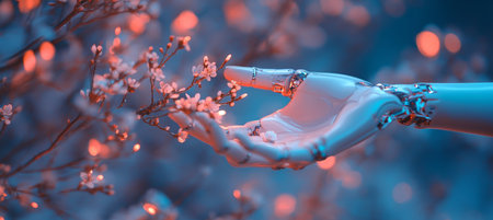 Robotic Hand Gently Touching Spring Flowers, Symbolizing Technologys Harmony with Natureの素材