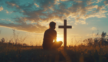 Silhouette Of Person Kneeling in Prayer by Wooden Cross, Finding Hope and Solace at Sunsetの素材