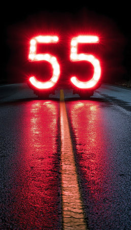 Neon Number 55 Glowing on Dark Asphalt Road Surface at Night, Long Exposure with Reflectionの素材