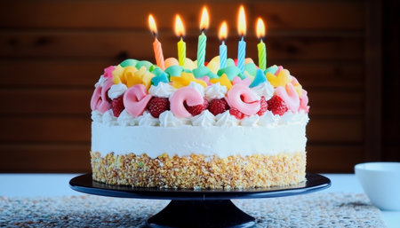 Festive Birthday Cake with Colorful Candles, Sprinkles, and Fruits Against a Wooden Backdropの素材