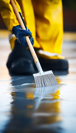 Worker in protective gear applying epoxy resin or liquid waterproofing membrane using a broom.の素材