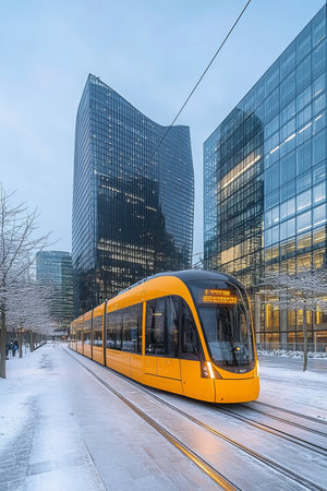 Yellow modern tram on city street with rails near skyscrapers in winter. Snowy urban transportationの素材