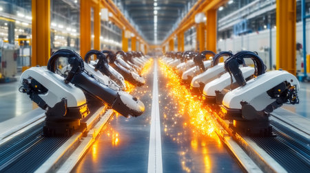 Automated Production Line with Robotic Arms and Sparks. Industrial robots welding in a factoryの素材