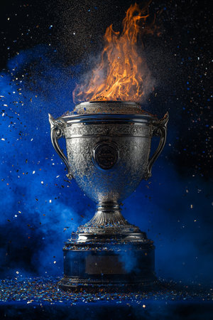 Silver Trophy Cup Engulfed In Fiery Flames, Celebratory Confetti Falls On Blue Background.の素材