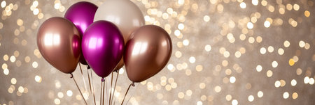 Festive Celebration Background Purple And Bronze Balloons Against Sparkling Bokeh Lightsの素材