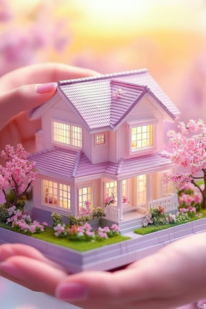 Couples Hands Holding Miniature House with Cherry Blossoms, Symbolizing Homeownership Dreamsの素材