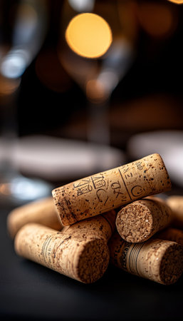 Used Wine Corks Pile of Used Wine Corks on a Bar, Close Up, Potential for Copy Spaceの素材