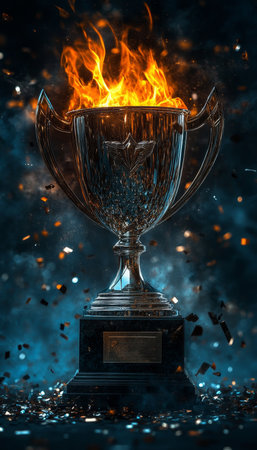 Silver Trophy Engulfed in Fiery Passion, Celebrating Triumph on a Confetti Backgroundの素材
