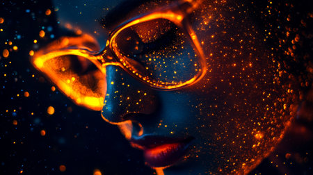 Glowing Beauty Close-Up Portrait of a Woman with Glasses, Enchanting Bokeh Effect, Neon Lightsの素材