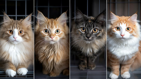 Collage of Four Fluffy Cats with Expressive Eyes Awaiting Adoption, Rescue, or in a Shelterの素材