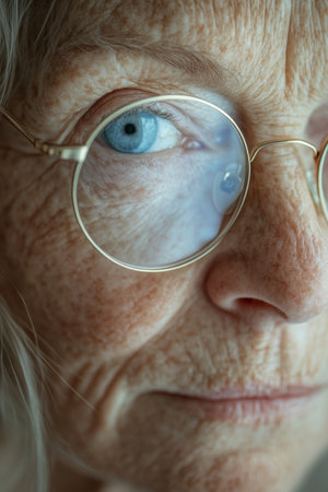 Close Up, Portrait Of An Elderly Woman With Wrinkled Face Wearing Round, Thin-Framed Glasses.の素材