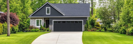 Charming New Home with Natural Stone Accents, Light Grey Siding And Garage Doors, Lush Green Lawn.の素材