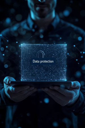 Cyber Security And Data Protection With A Businessman Protecting Personal Information On A Tabletの素材