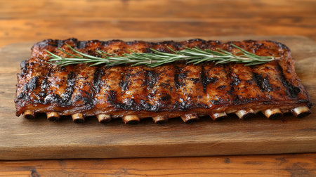 Close-Up of Delicious BBQ Grilled Ribs with Rosemary Garnish, Perfect for Food Photographyの素材