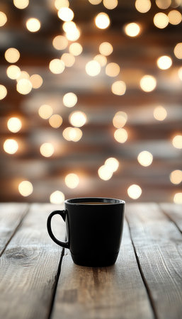 Steaming Black Coffee Mug on Rustic Wooden Table, Tranquil Evening Atmosphere with Bokeh Lights,の素材