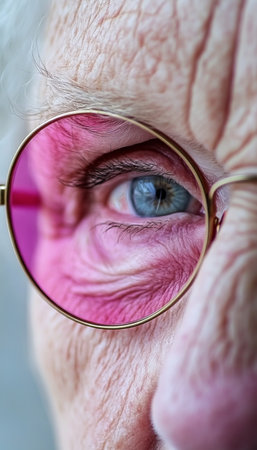 Wrinkled Senior Womans Face with Striking Blue Eye Covered with Stylish, Pink-Framed Glassesの素材