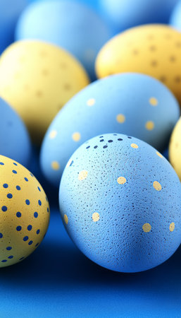Easter Eggs A Close-Up of Blue and Yellow Decorated Eggs with White Polka Dots on a Blue Backgroundの素材