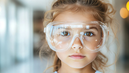 Curious Girl in Safety Goggles, Close-up Portrait Science, STEM Education, Safety First Conceptの素材