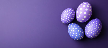 Four Purple And White Polka Dot Decorated Easter Eggs On Solid Lilac Background With Copy Spaceの素材