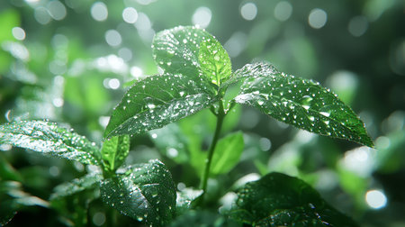 Close-Up, Fresh Green Leaves of Plant for Spring Season, Dew Drops on Leaves with Blurry Backgroundの素材