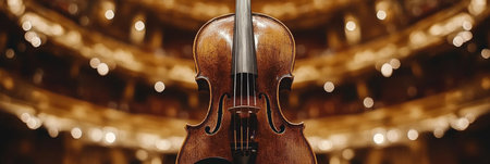 Close Up, Shining Violin On An Empty Concert Stage With Blurred Audience Seats And Warm Lightsの素材