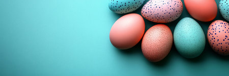 Coral And Turquoise Easter Eggs On A Turquoise Background With A Polka Dot Pattern On The Eggshellsの素材