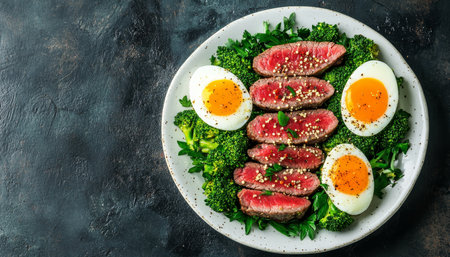 Ketogenic Diet Lunch Seared Steak Salad with Boiled Eggs, Broccoli, and Fresh Arugulaの素材